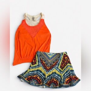 Lucky in Love Tennis Skort Tank Set M Orange Lace Built-In Bra Ruffle Skirt